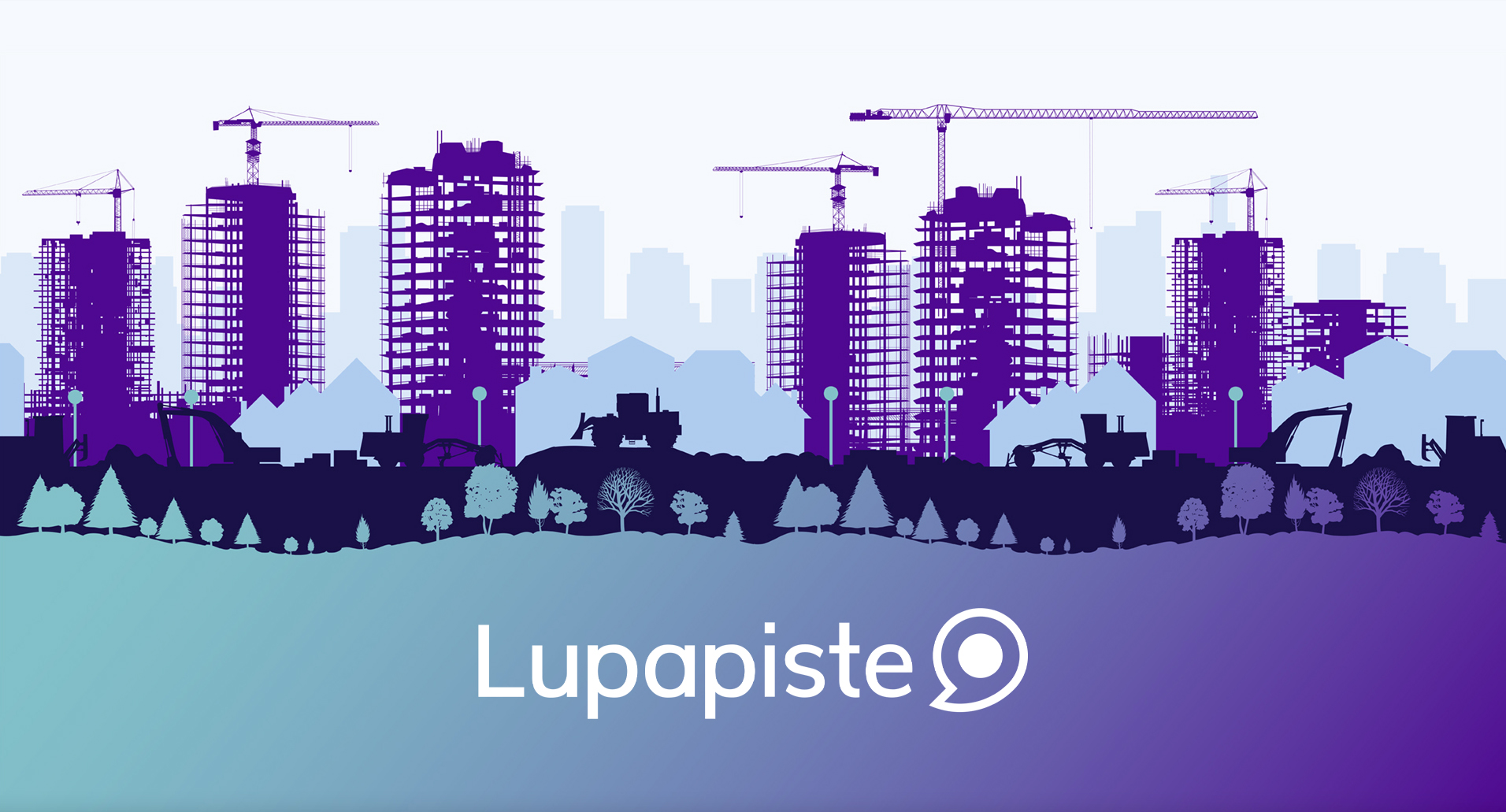 Lupapiste-logo, kuvassa kerrostaloja rakenteilla kaupunkimaisemassa.