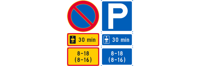 Pysäköinnin alkamisajan osoittamisvelvollisuus- liikennemerkit