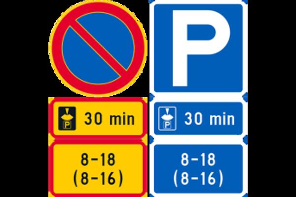 Pysäköinnin alkamisajan osoittamisvelvollisuus- liikennemerkit
