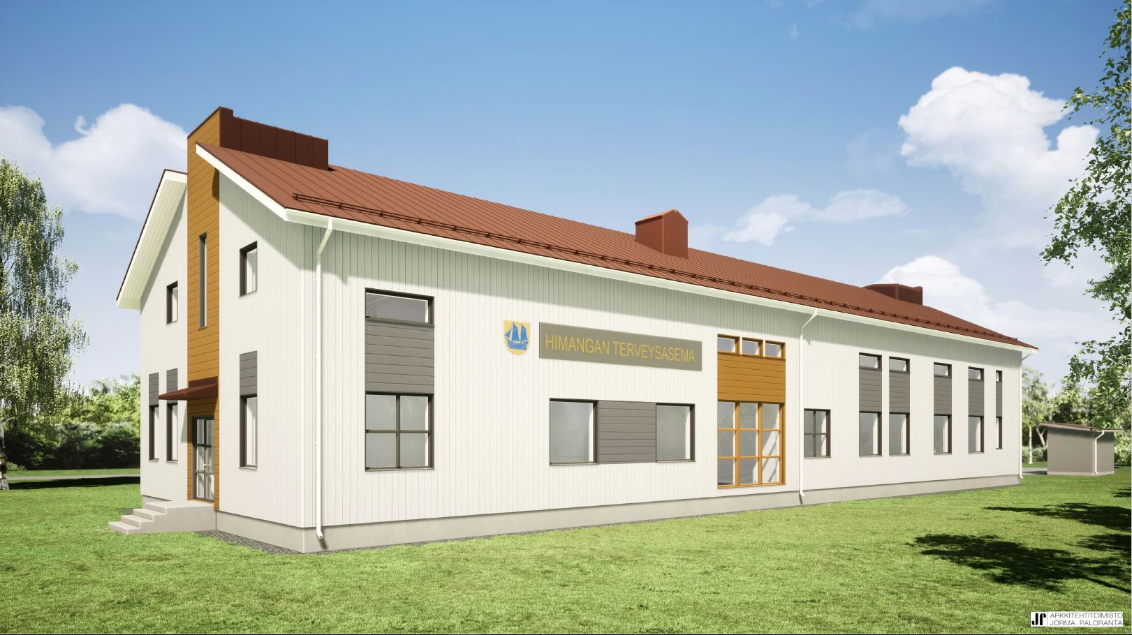 Iso valkoinen rakennus, jossa punertava katto.