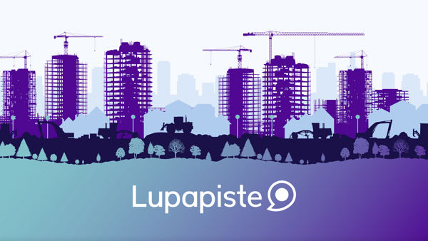 Lupapiste-logo, kuvassa kerrostaloja rakenteilla kaupunkimaisemassa.