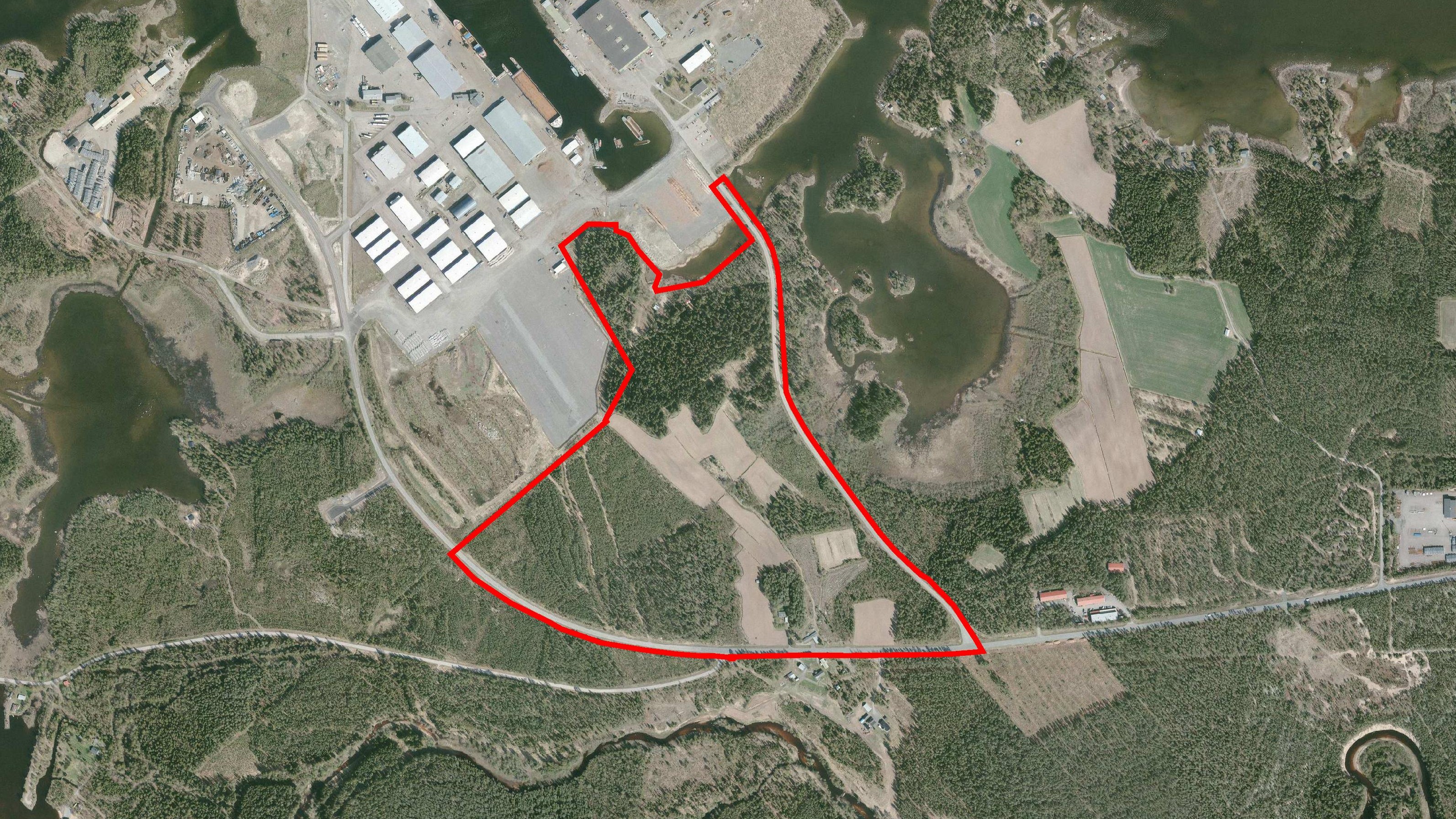Sataman yrityspuiston asemakaava-alueen rajaus ilmakuvassa