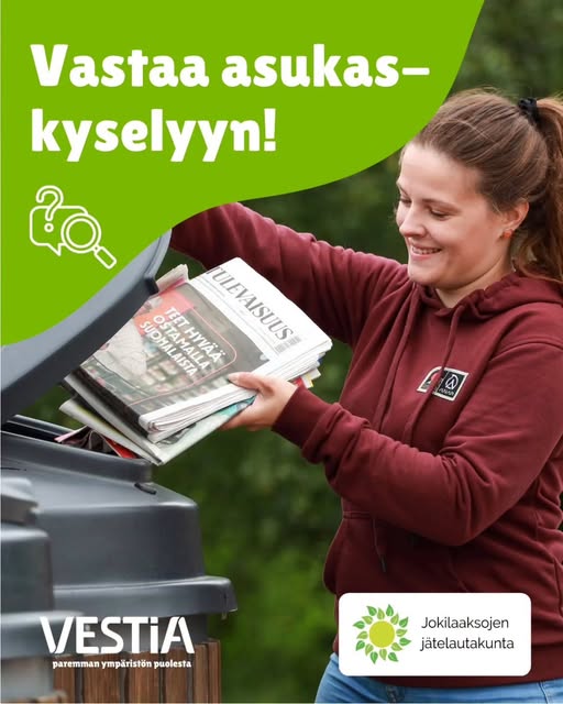 Vastaa asiakaskyselyyn teksti ja nainen laittamassa sanomalehtiä paperinkeräykseen.