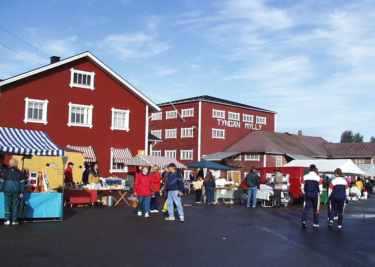 Torimyyjiä ja ihmisiä Tyngän markkinoilla, myyntitelttoja, taloja.