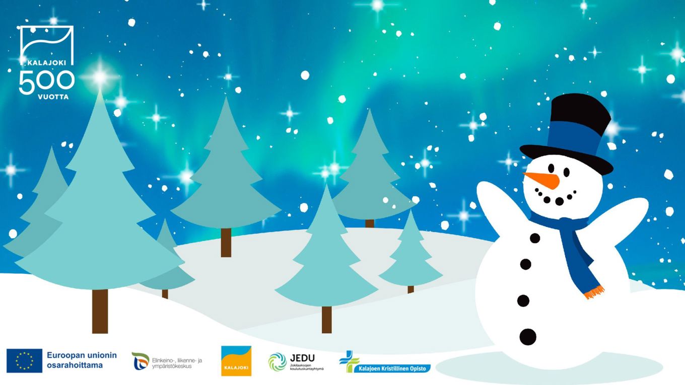 lumiukko ja kuusia sinisellä pohjalla