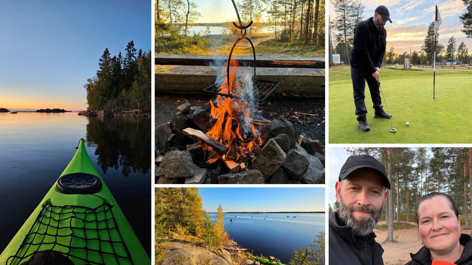 Kuvakollaasi Kalajoelta melontaretkeltä ja golfaamasta.
