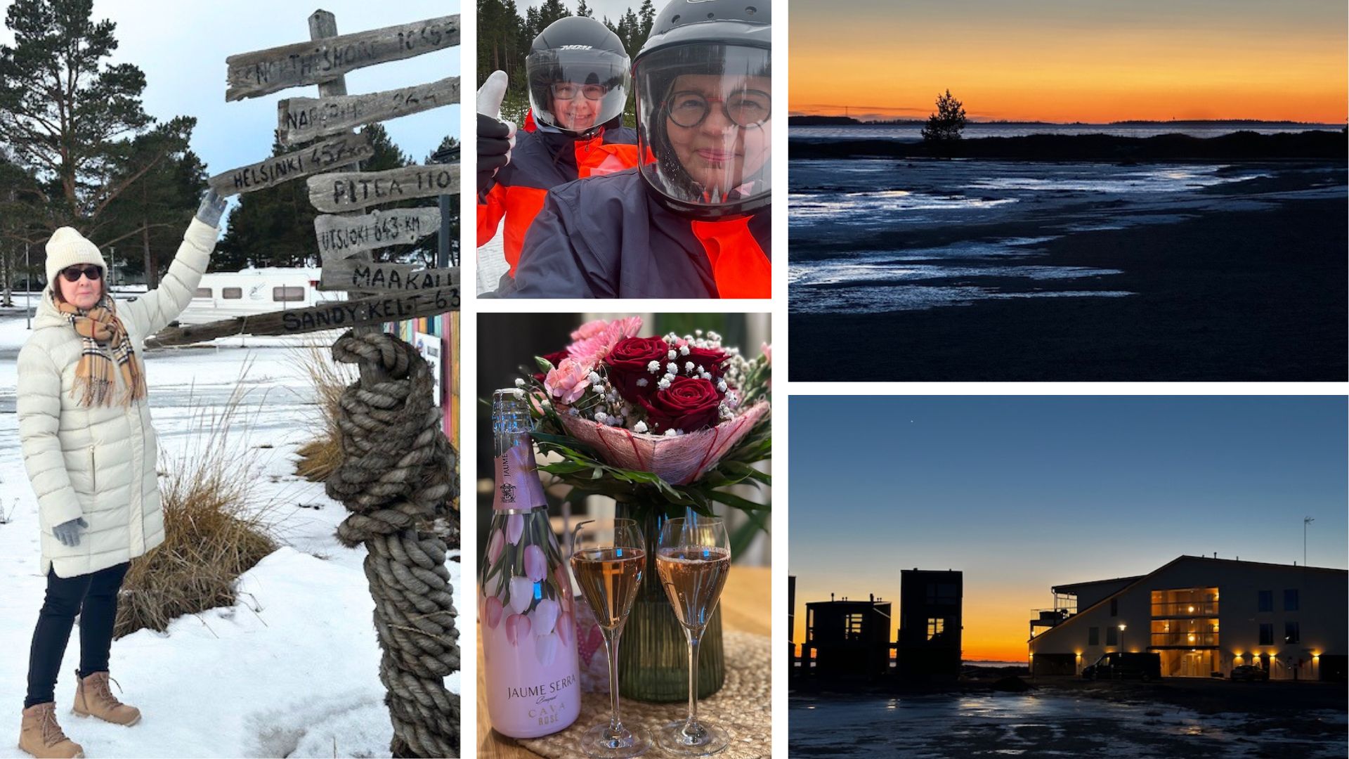 Kuvakollaasi auringonlaskusta ja moottorikelkkailusta