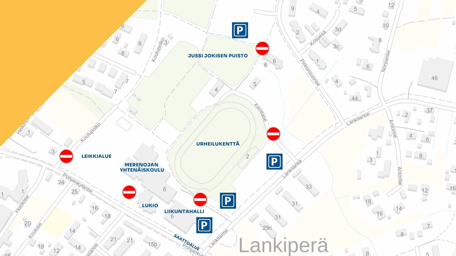 Pysäköintialueet Merenojan yhtenäiskoulun alueella on merkattu liikennemerkein.