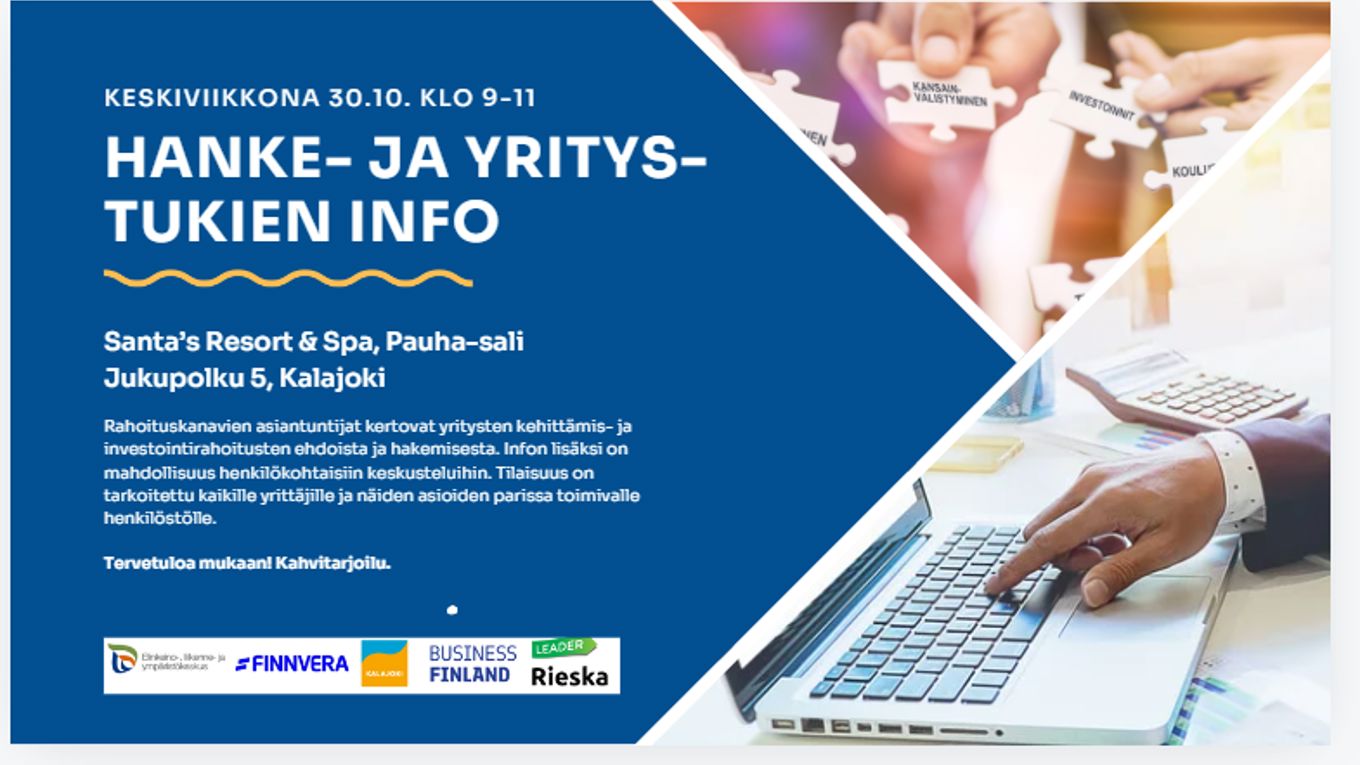 Hanke ja yritysinfo teksti ja taustalla tietokone