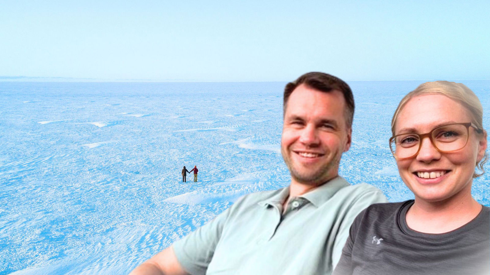 Kuvakollaasi, jossa nainen, mies sekä taustalla jäätynyt merimaisema.