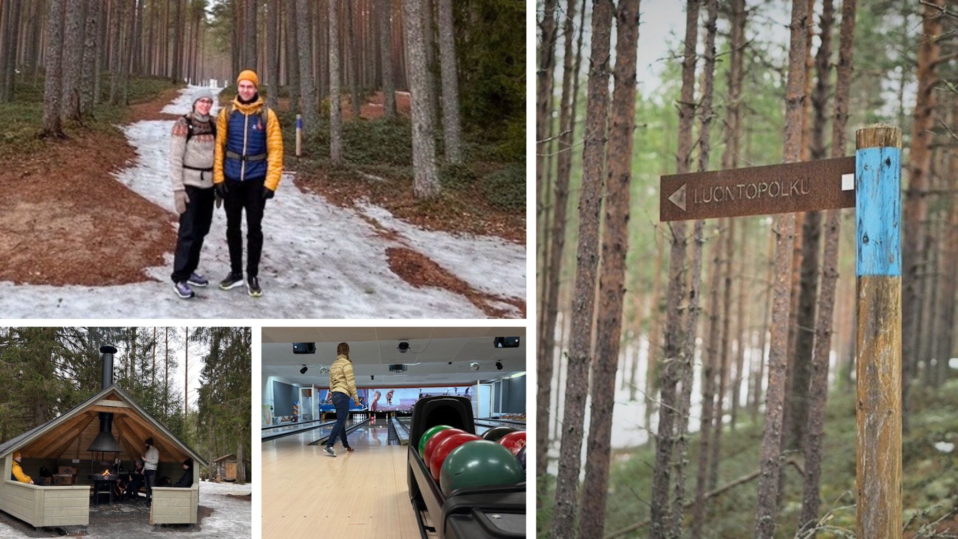 kuvakollaasi kodasta, metsästä ja keilailusta