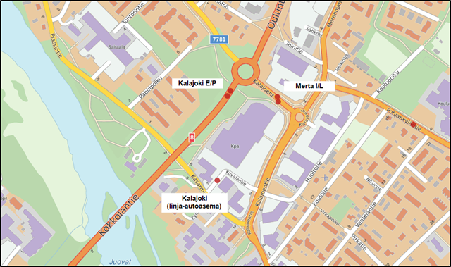 Kartta Kalajoen keskustan alueesta, johon on merkitty pysäkit