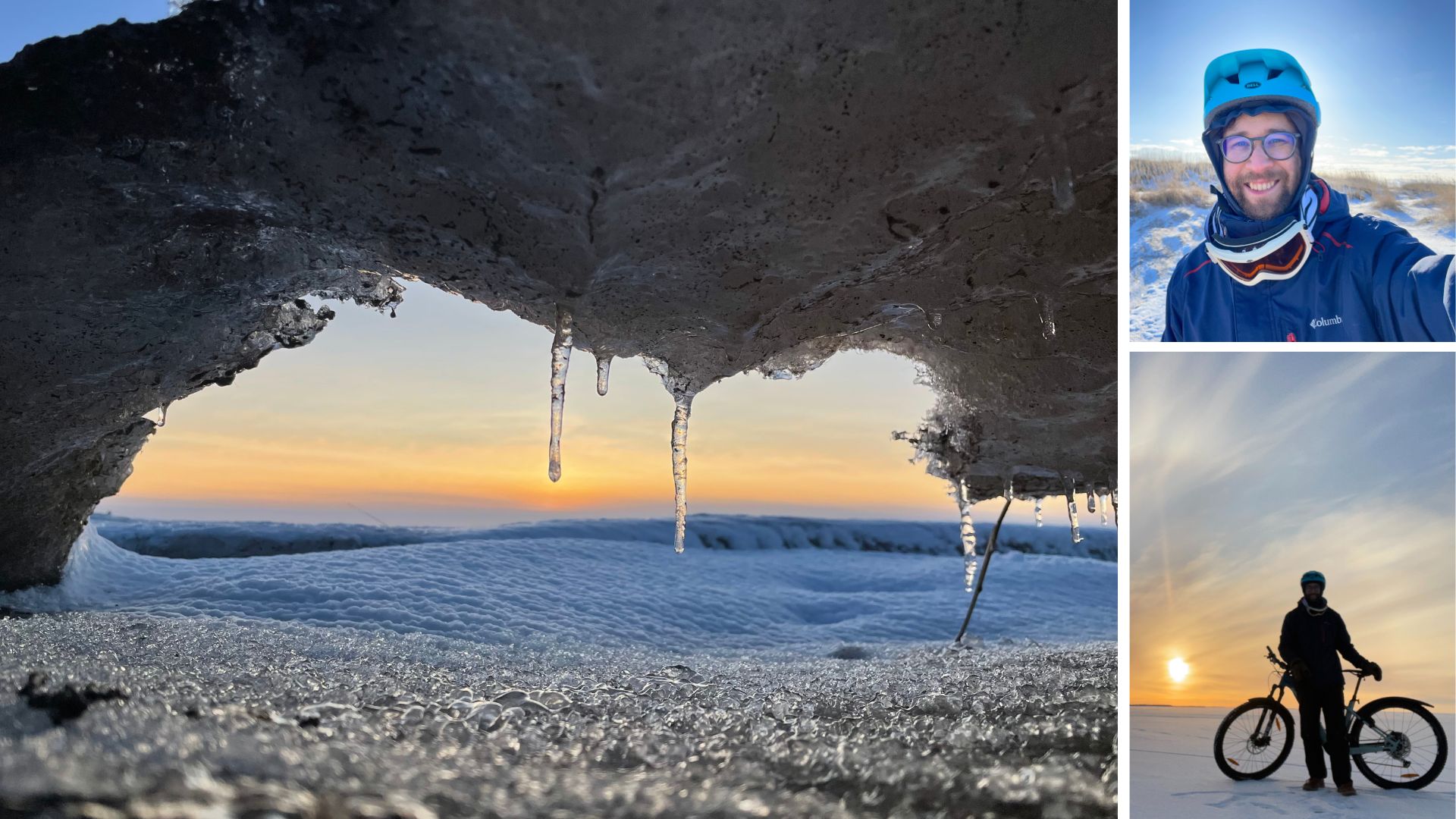 Kuvakollaasi sulavasta jäästä ja pyöräilevästä miehestä.