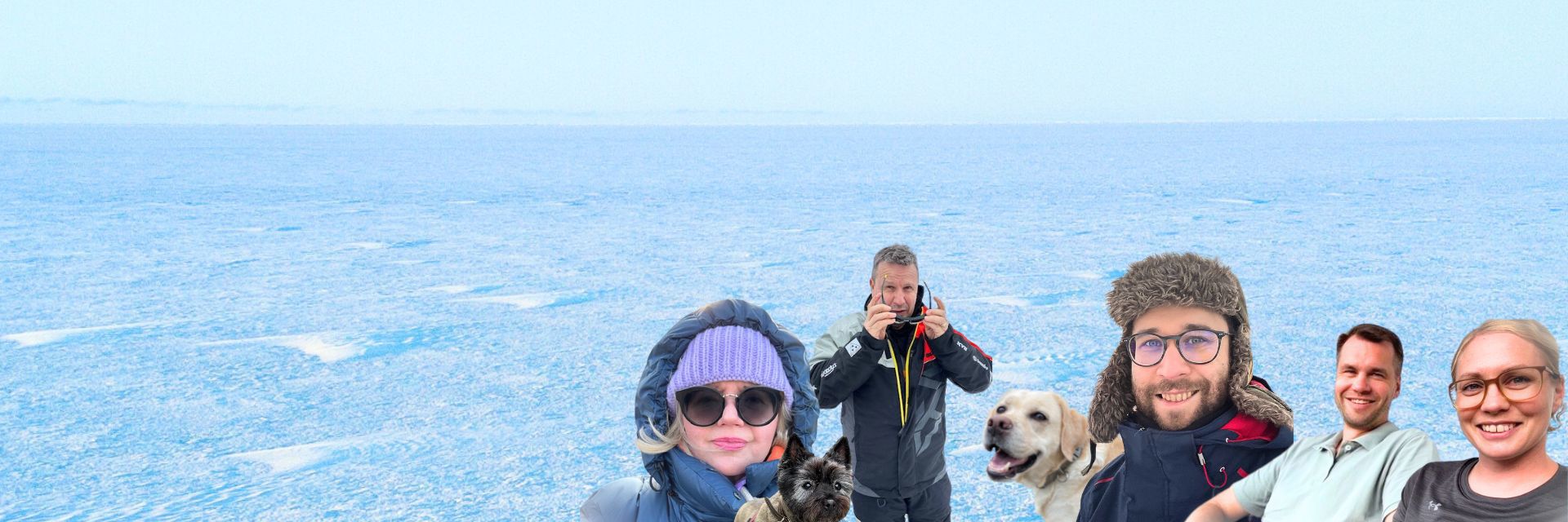 Kuvakollaasi kolmen kuukauden kokeilijoista. Taustalla jäätynyt meri.