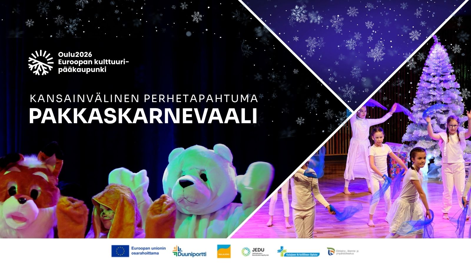 eläinhahmoja ja lapsia tanssimassa