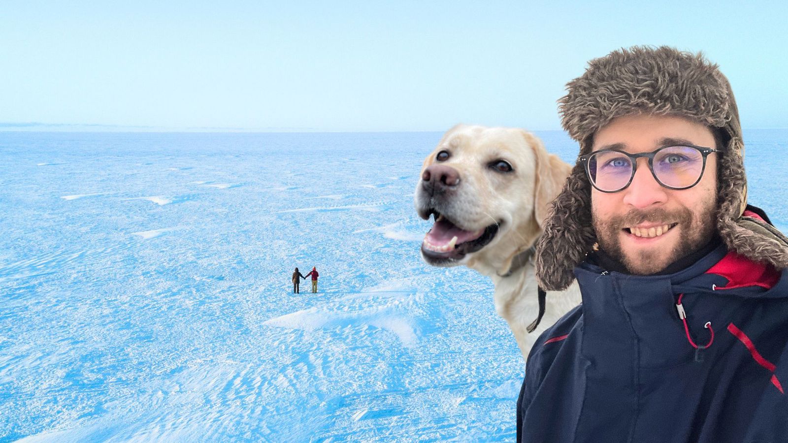 Kuvakollaasi, jossa koira ja mies sekä taustalla jäätynyt meri.