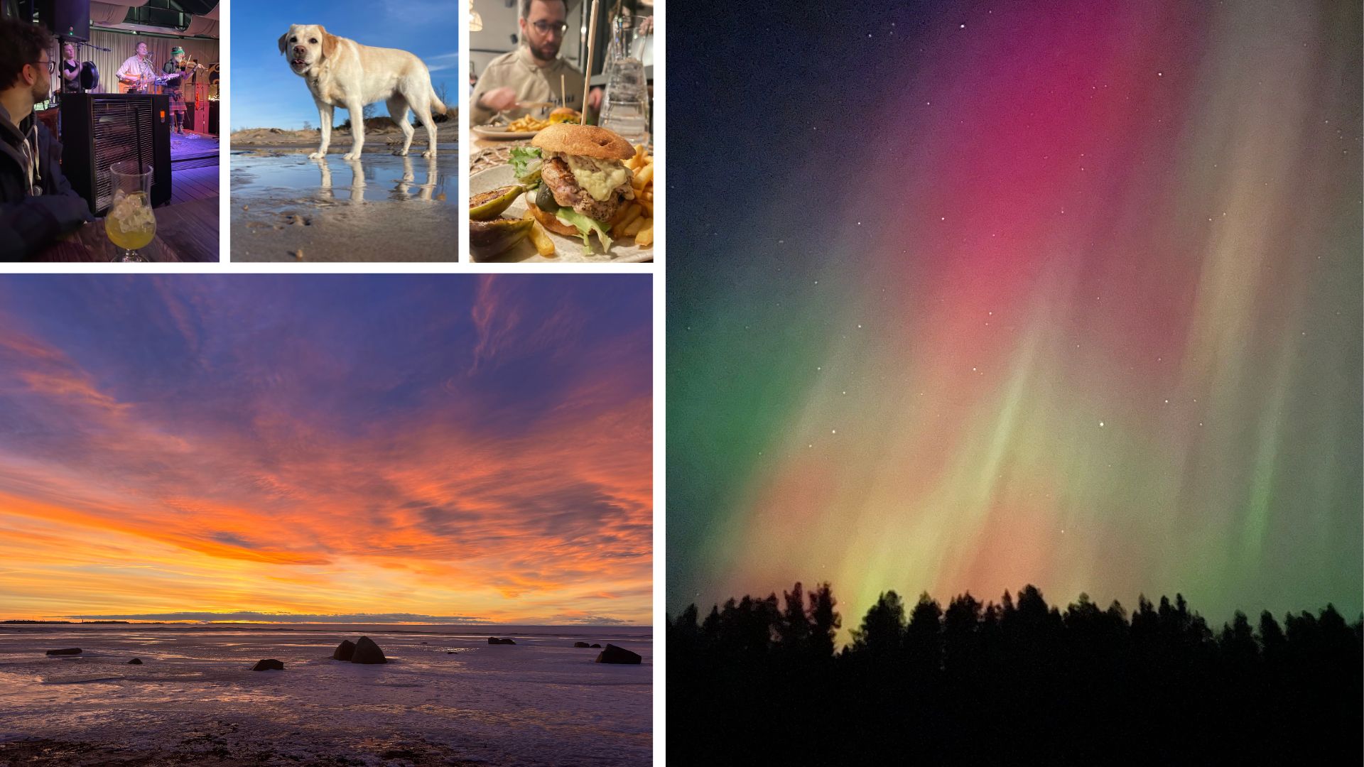 Kuvakollasi auringonlaskusta ja revontulista