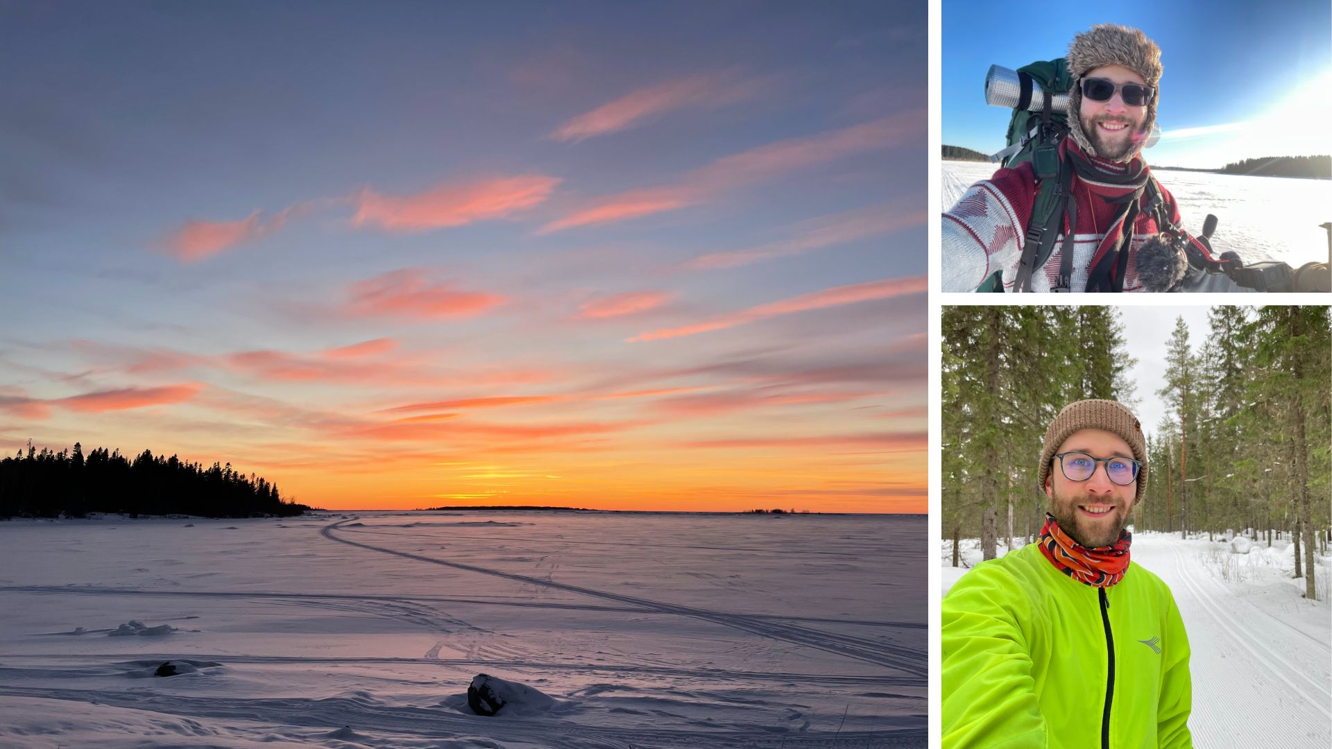 Kuvakollaasi talvisesta auringonlaskusta ja ulkoilevasta miehestä.