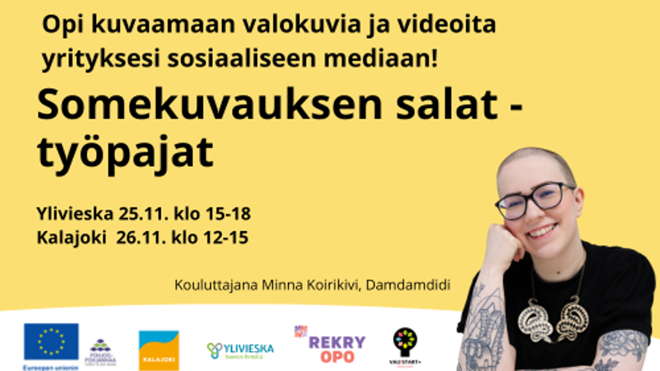 Keltaisella pohjalla naisen kuva ja teksti Somekuvauksen salat - työpajat