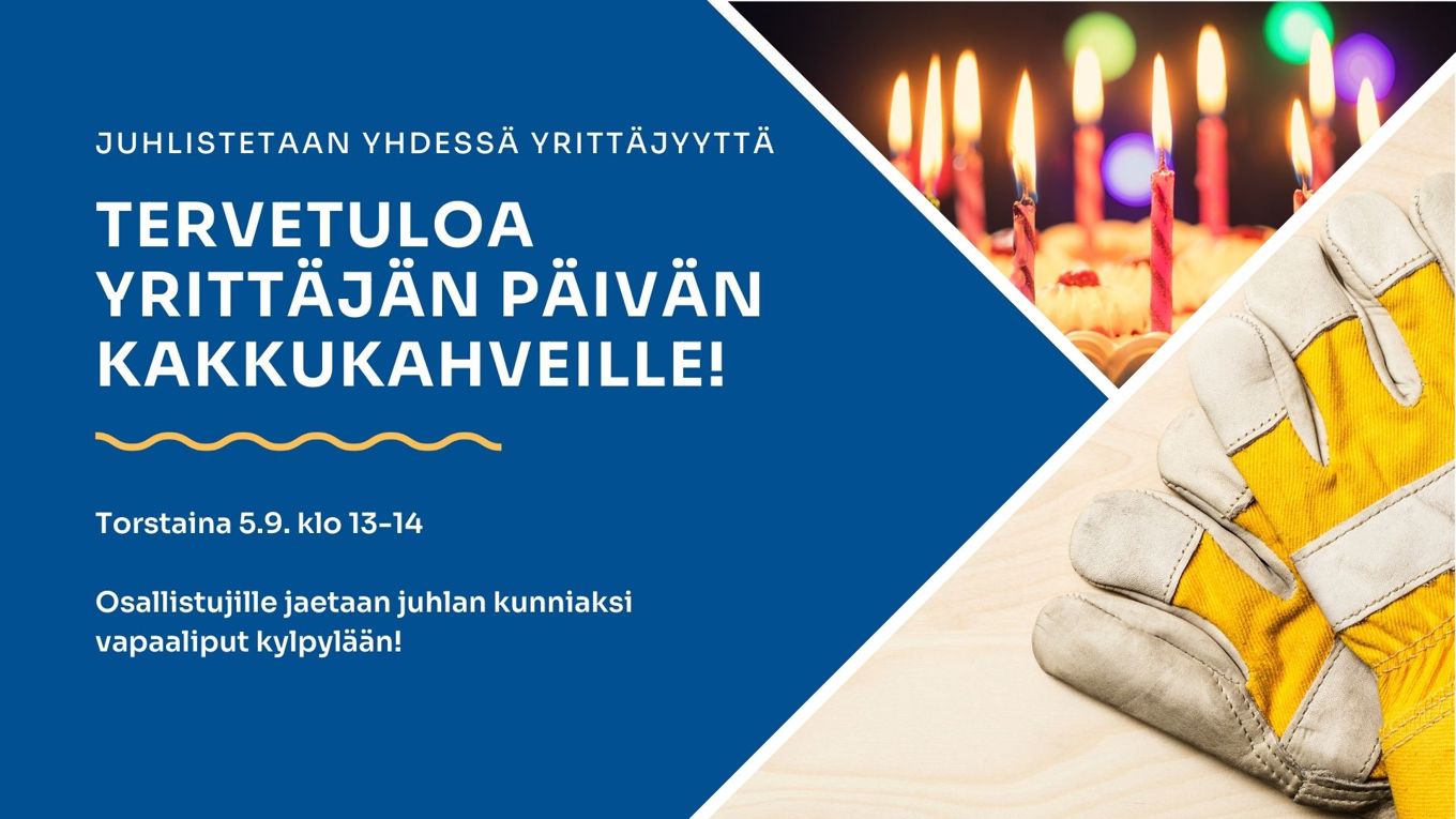kakku, kynttilöitä ja hanskat sekä teksti tervetuloa kahville
