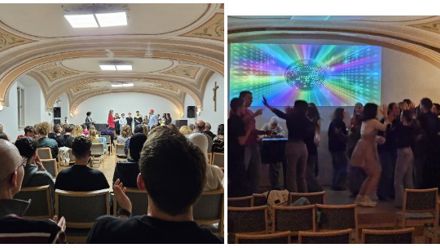 students dancing at a dark room with disco lights
