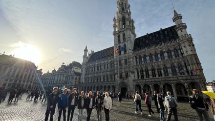 students in front of the town hall