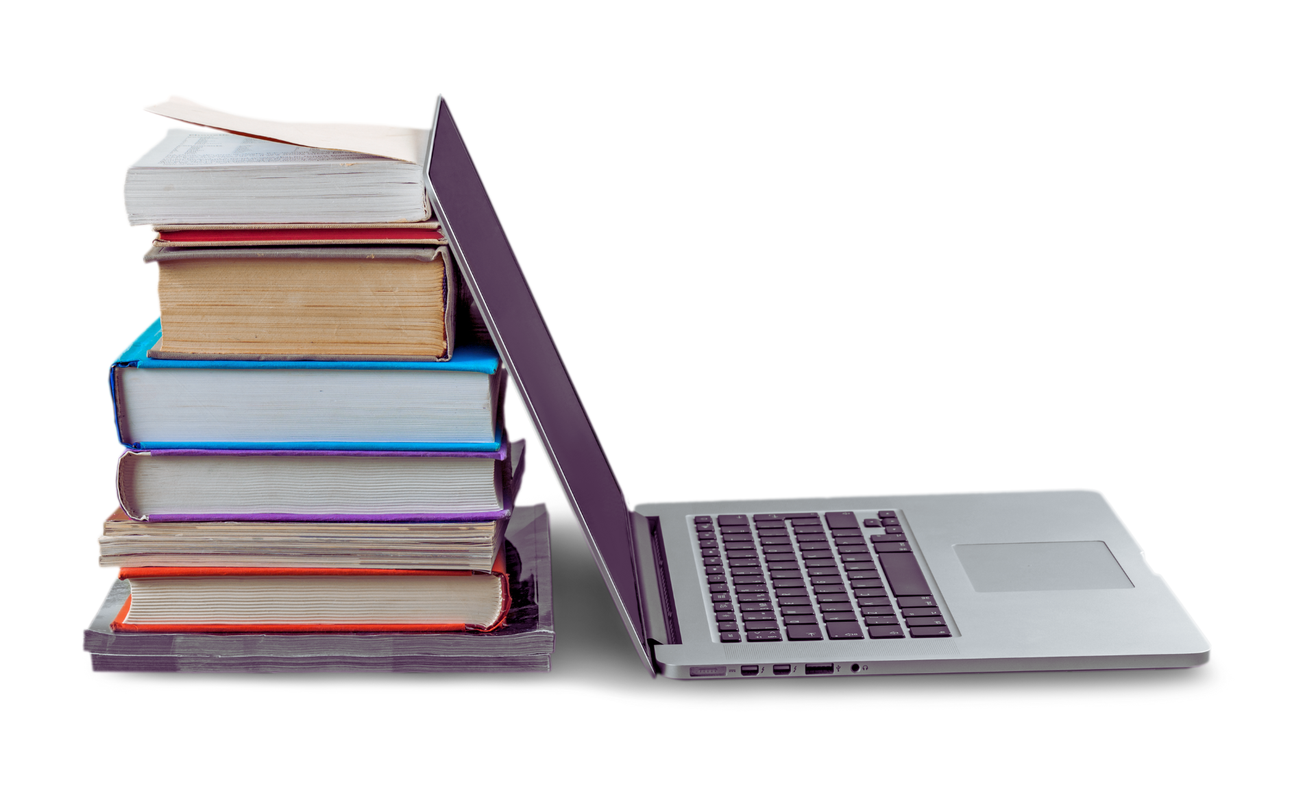 Kannettavan tietokoneen kansi nojaa kirjapinoa vasten.