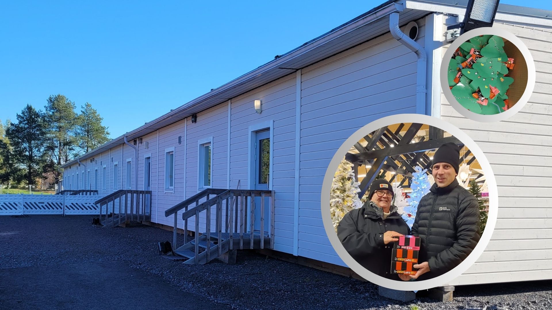 Kuvassa aamu- ja iltapäivätoiminnan rakennus, kuva herkku lahjoituksista sekä askarteluista 