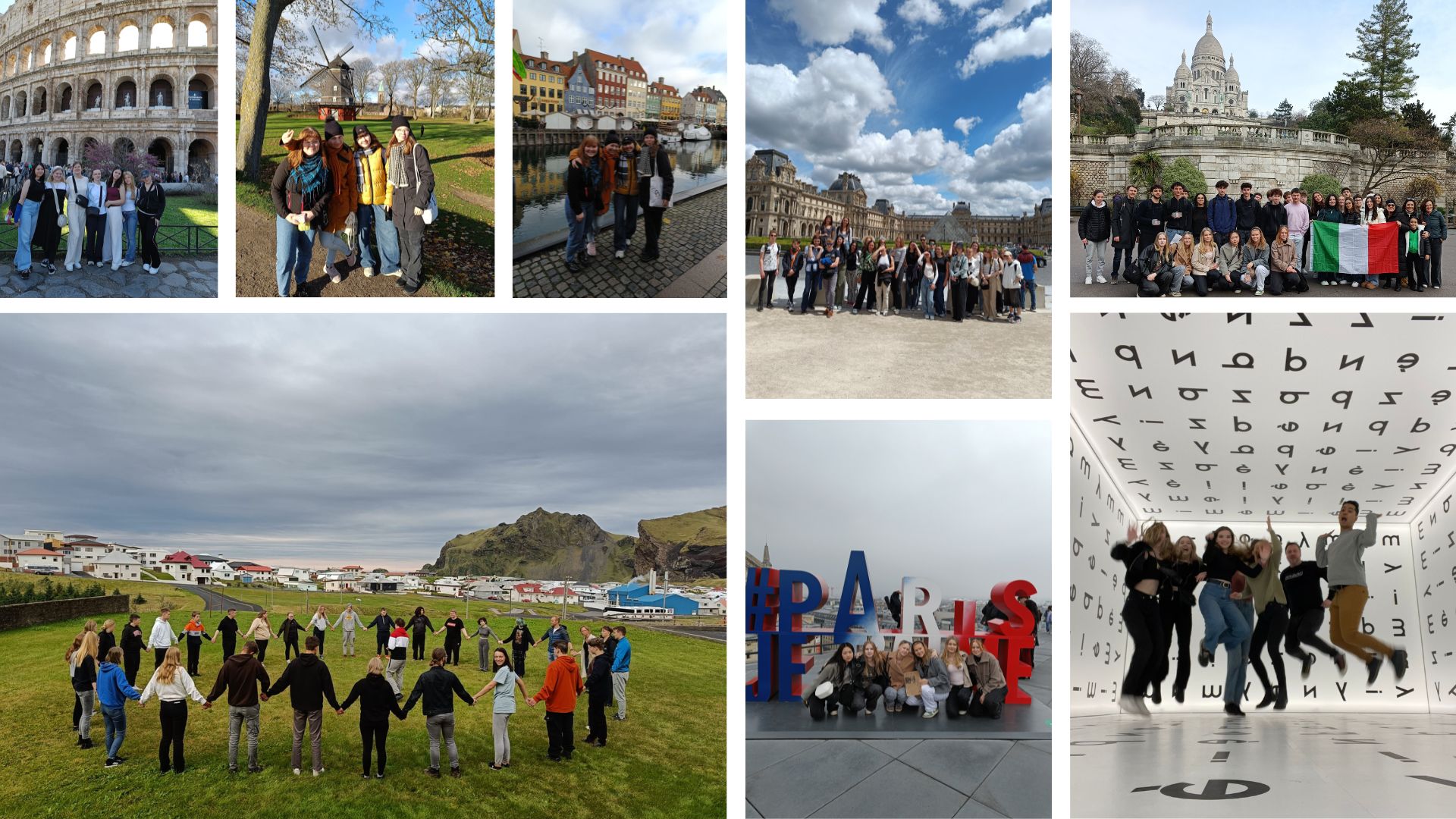 Kuvakollaasi kansainvälisen linjan matkoilta eri puolille Eurooppaa.