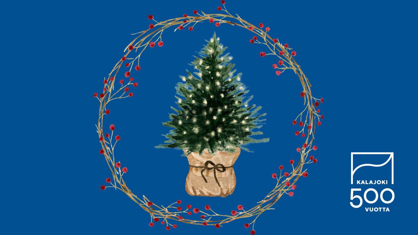 Piirretty joulukuusi sekä Kalajoen kaupunki 500 vuotta -juhlavuosilogo sinisellä pohjalla.