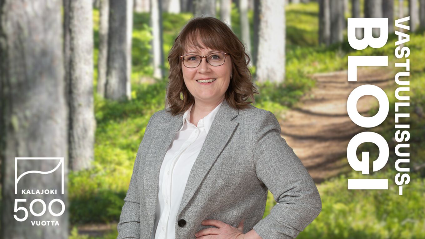 Vastuullisuusblogitekstin kirjoittaja Maria Joensuu kansikuvassa. Lisäksi Kalajoki500 logo ja teksti: vastuullisuusblogi.