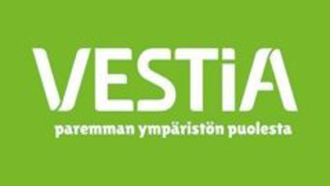 Vestia paremman ympäristön puolesta - logo valkoinen teksti vihreällä pohjalla