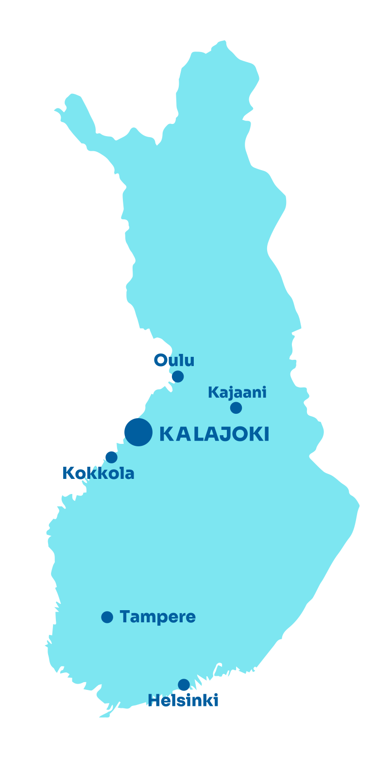 Suomen karttaan merkittynä Kalajoki ja lähimmät isot kaupungit